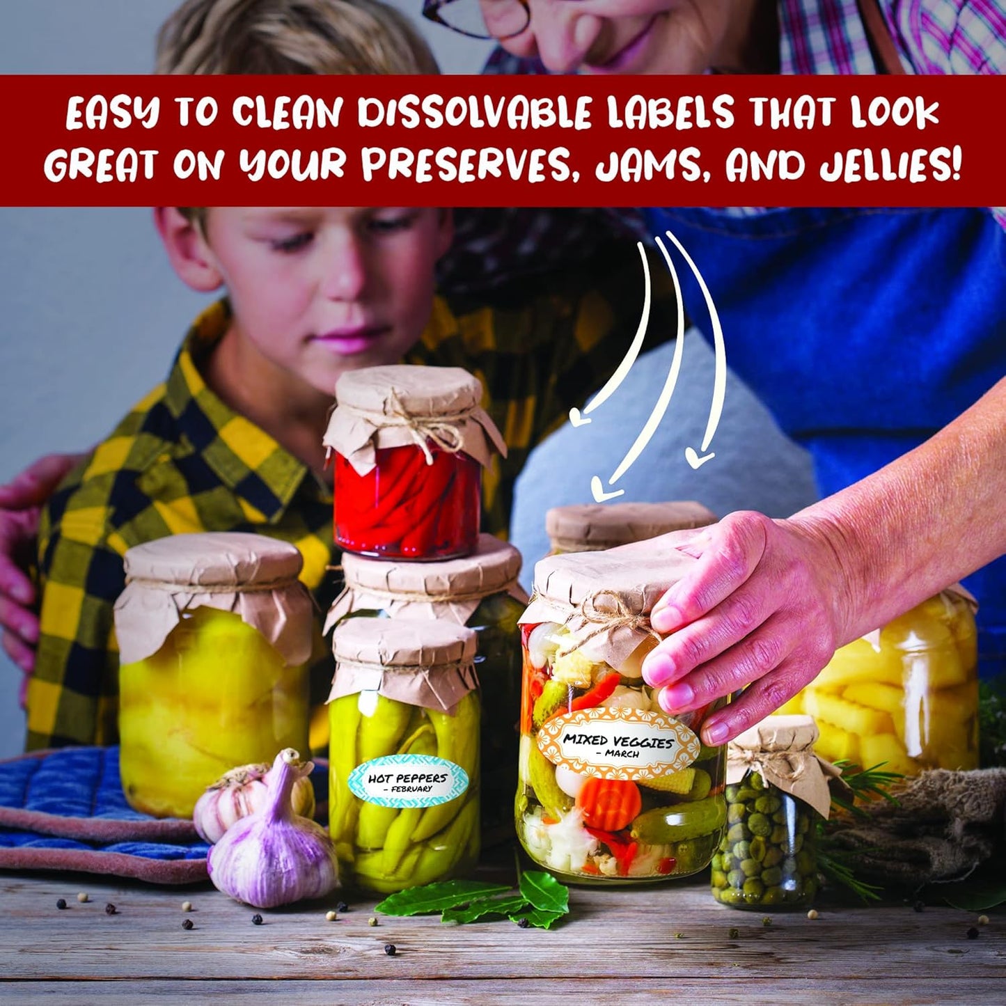 MESS Dissolvable Canning Labels for Jars – 1x2.25 in. 150/Pack – Removable Stickers for Mason Jars, Jam, Preserves (Color)