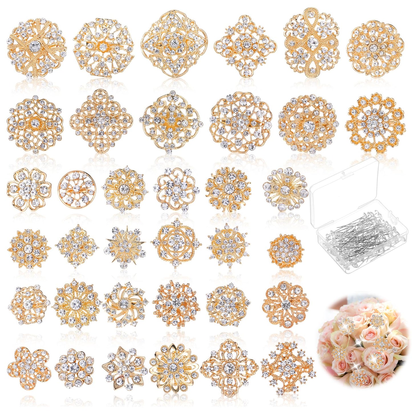 AOZUO 136 Pcs Gold Crystal Brooches for Women, Crystal Flower Brooch Pins with Rhinestones Bulk Brooches Jewelry Rhinestone Embellishments for DIY Jewelry Crafting Sewing Wedding Hair Decoration