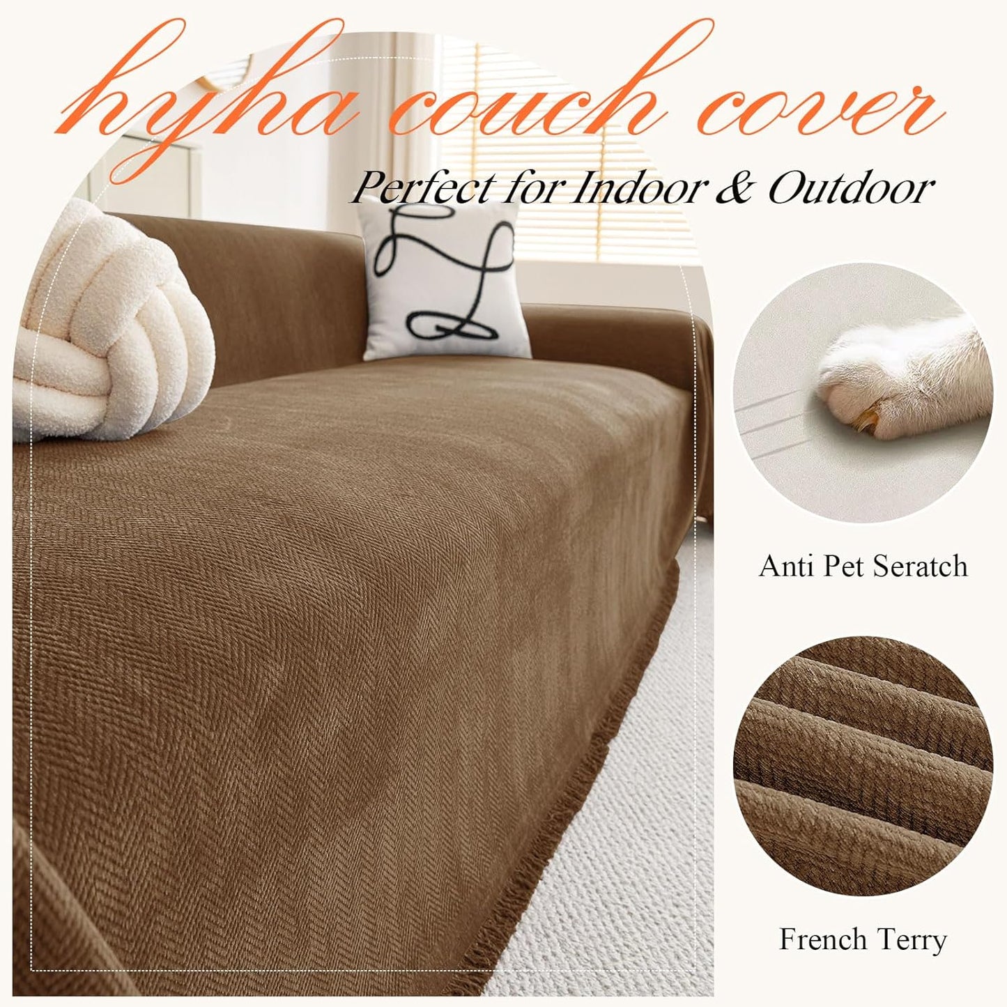 hyha Couch Cover for Dogs, Boho Sofa Covers for 3 Cushion Couch Washable, Chenille Sofa Slipcover for Pets, Soft Loveseat Sectional Couch Throw Blankets with Tassels (Chocolate, 88.5x150 Inch)