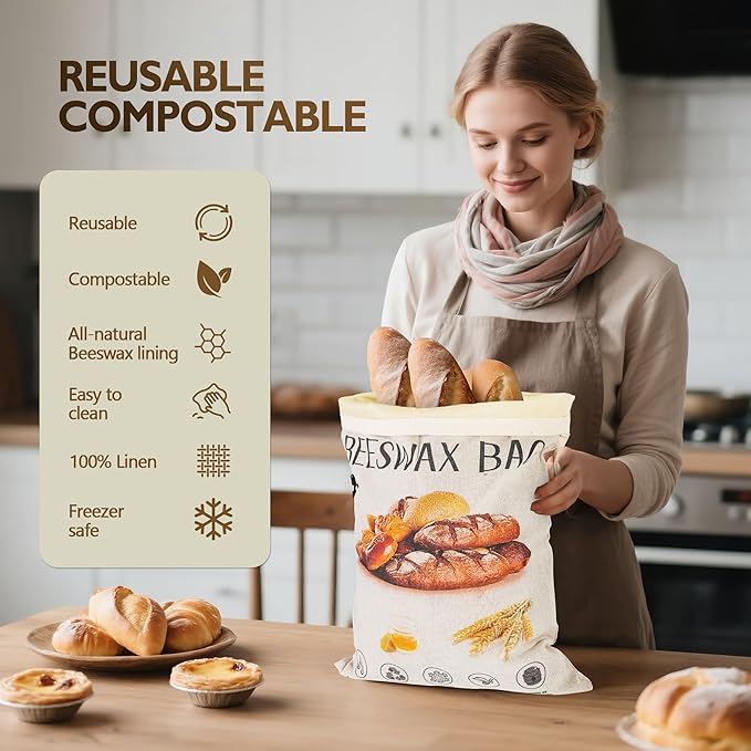 2-Pack Reusable Beeswax Bread Bags for Homemade Bread Sourdough, 2 Natural Beeswax 100% Linen Moisture-proof Lined Storage Bags with Buckle& 1 Bowl Covers –Keeps Bakes Fresh Longer (Bread print color)