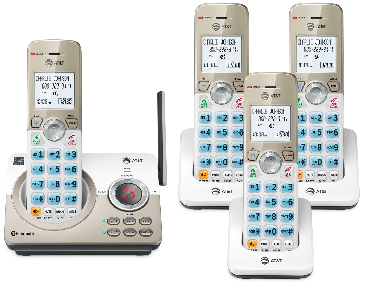 AT&T 4-Handset DECT 6.0 Expandable Cordless Home Phone with Large Display, Big Buttons, Answering Machine, Smart Call Blocker, B