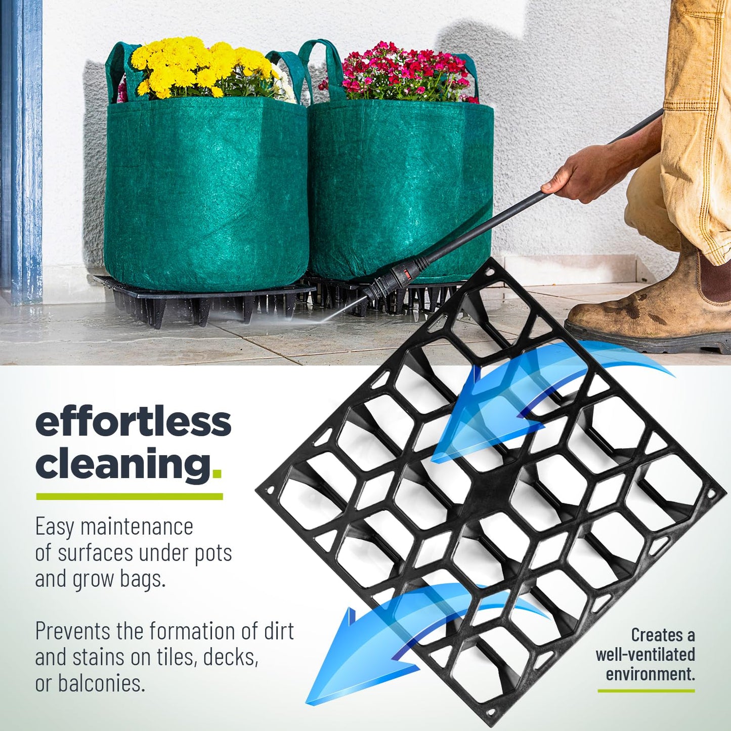 Cannrise Plant Riser – Modular Pot Spacer for Grow Bags, Planters & Containers – UV-Resistant Drainage Tray for Airflow, Root Health & Cleaner Surfaces (Standard Black W/ 50 clips, 5 Pack)