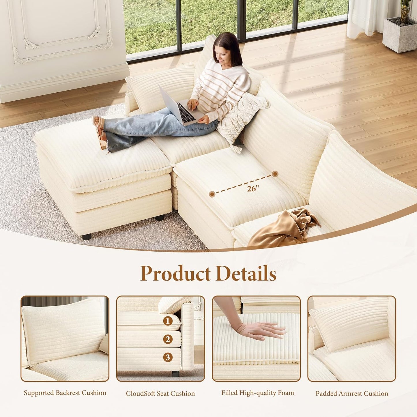 Vesgantti 142" U Shaped Sectional Couch, Comfy Cloud Modular Sectional Sofa with 2 Ottoman Deep Seat Corduroy Modern Cloud Sofa, Modular Sofas for Living Room, Bedroom and Apartment, Beige