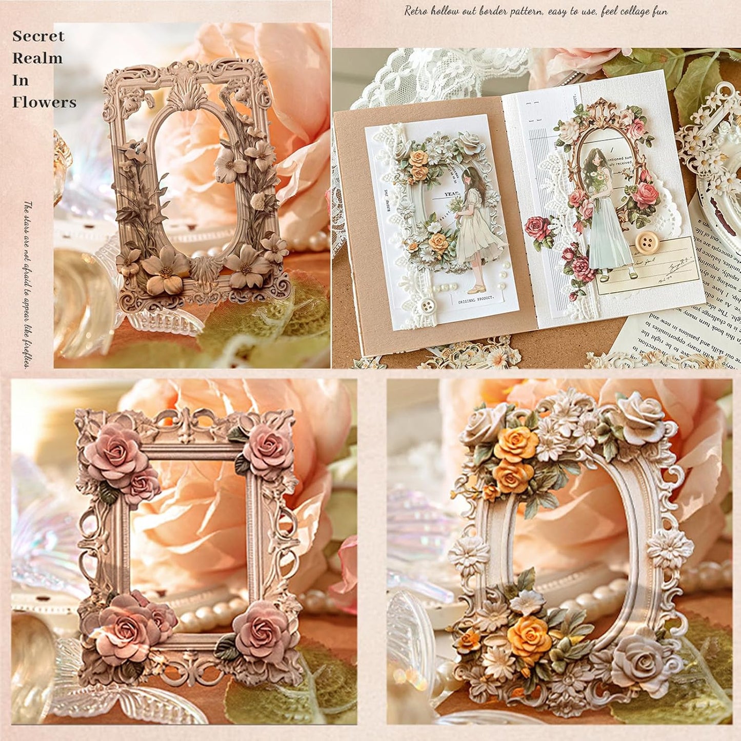 Maxleaf Vintage Frame Cards Set, 60PCS Hollow Flowers Retro Mirror Frame Collage Paper for Scrapbooking Journaling DIY Crafts Planner Diary Album Handmade Work Journal Photo Selfie Decorations