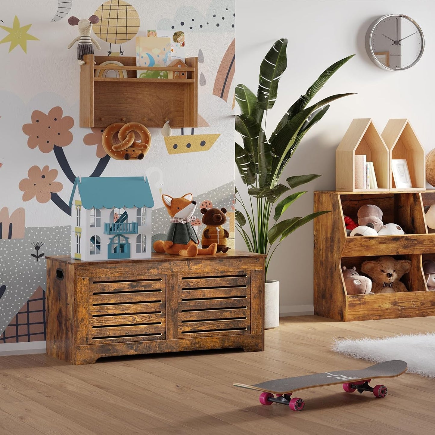 DINZI LVJ Storage Chest, 39.4”Wooden Toy Box with 2 Safety Hinges, Retro Entryway Shoe Storage Bench with Flip-Top, Sturdy Large Storage Trunk for Living Room, Bedroom, Easy Assembly, Rustic Brown