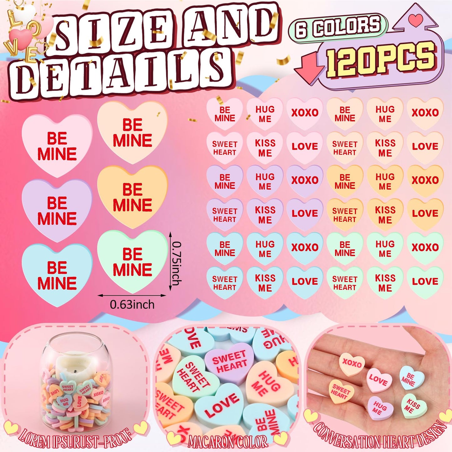 Threehoney 120 Pcs Conversation Hearts Vase Filler Valentine's Day Heart Ornament for Floating Candles Candy Love Centerpiece for Valentine Wedding Home Table Party Decor, No Water Gel, Macaron