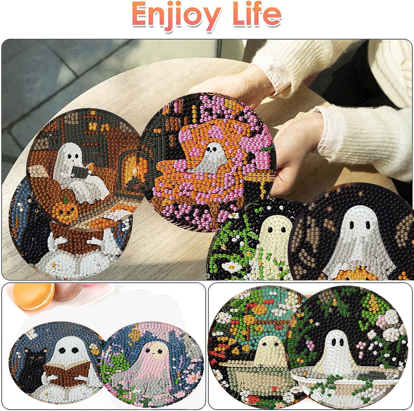 8 Pack Halloween Diamond Art Coasters Kits, Halloween Diamond Painting Coasters Kit with Holder, DIY Ghost Diamonds Art Non Slip Coaster Crafts Kits for Adults Gifts 4x4 inch (Cork Wooden Pad)