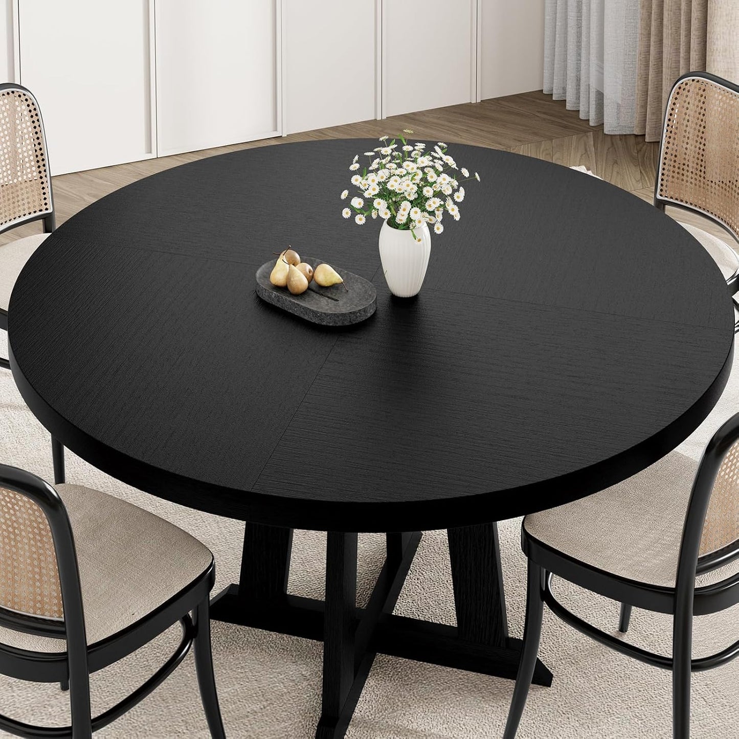Round Dining Table for 4, 47 Inch Wooden Circle Dinner Table with Sturty Legs, 4 Parts of Tabletop, Round Pedestal Kitchen Tables for Dining Room, Kitchen, Living Room, Brown