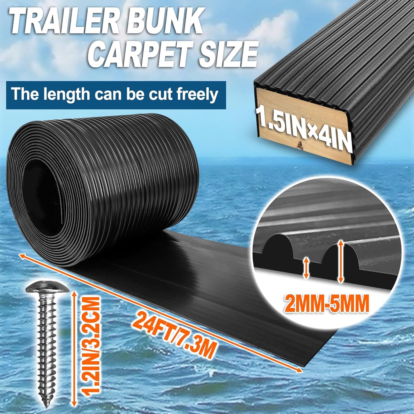 PE Waterproof Bunk Wrap Kit 24ft Roll, Boat Trailer Bunk Carpet with Install Screw and Strap, Bunk Wrap for Boat Trailers Replacement Synthetic Bunk Cover for Loading and Unloading Boats