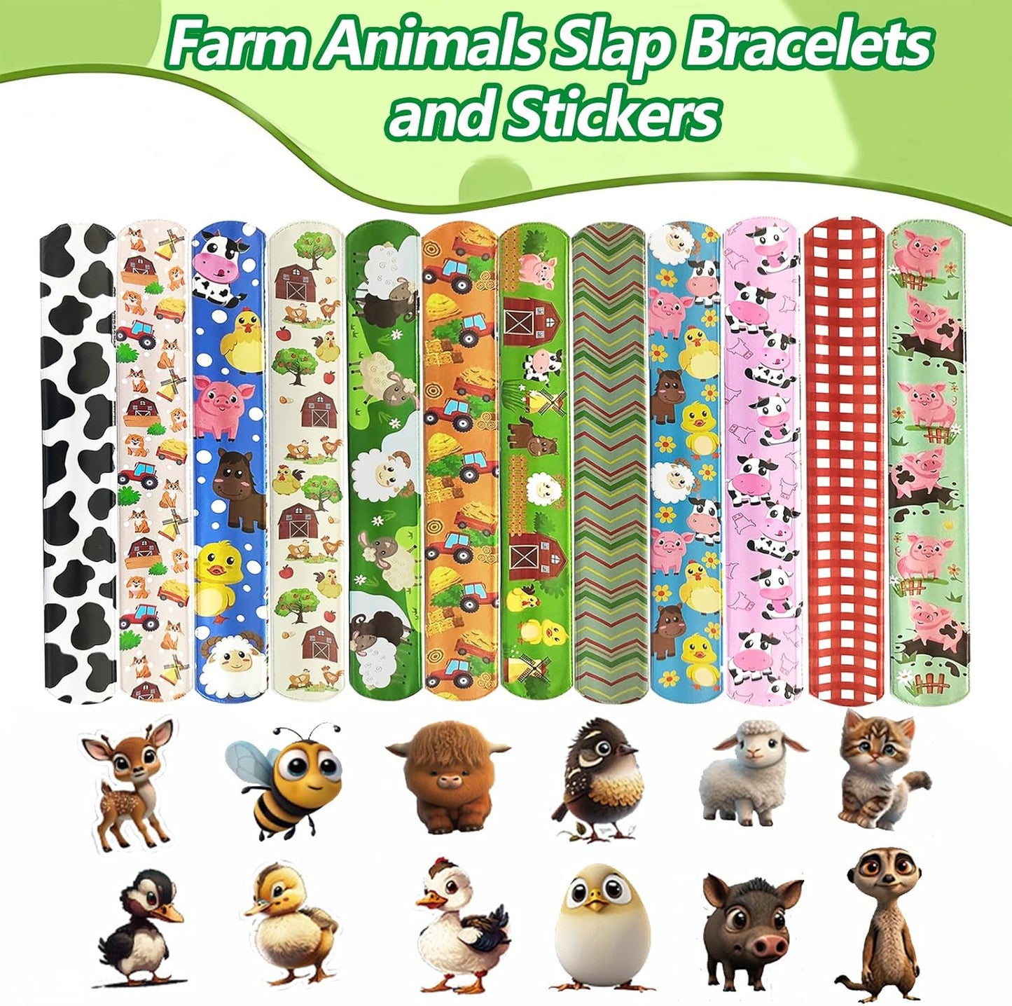 74PCS Farm Animals Party Favor 50PCS Barnyard Party Stickers&24PCS Slap Bracelets Farm Animals Birthday Supplies Team Gift Fillers School Classroom games Rewards Supplies