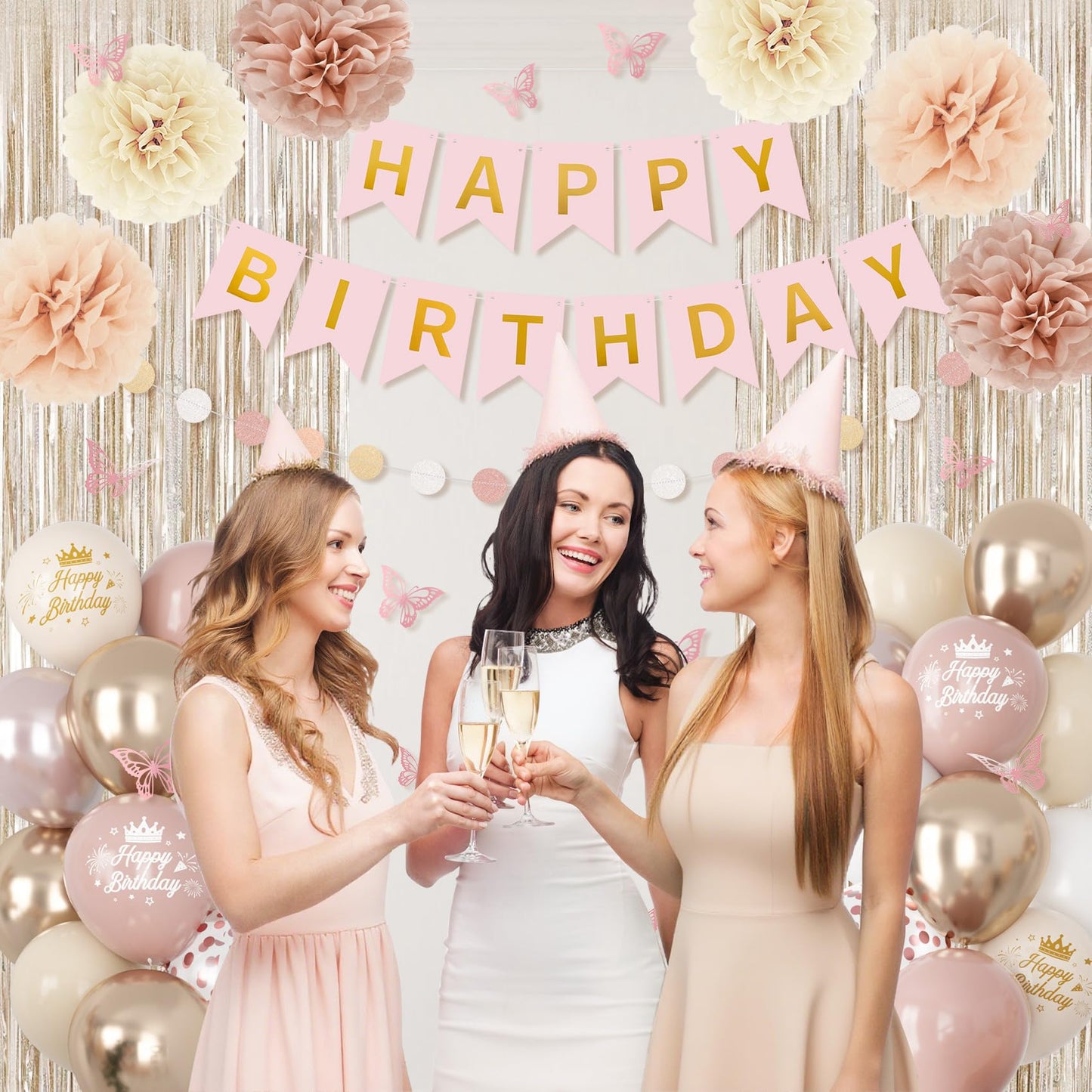 Boho Dusty Pink Birthday Decorations for Women Girls, Blush Beige Gold Metallic Printed Balloons Butterfly Stickers Fringe Curtain Happy Birthday Banner Circle Dots Garland Paper Pompom Party Supplies