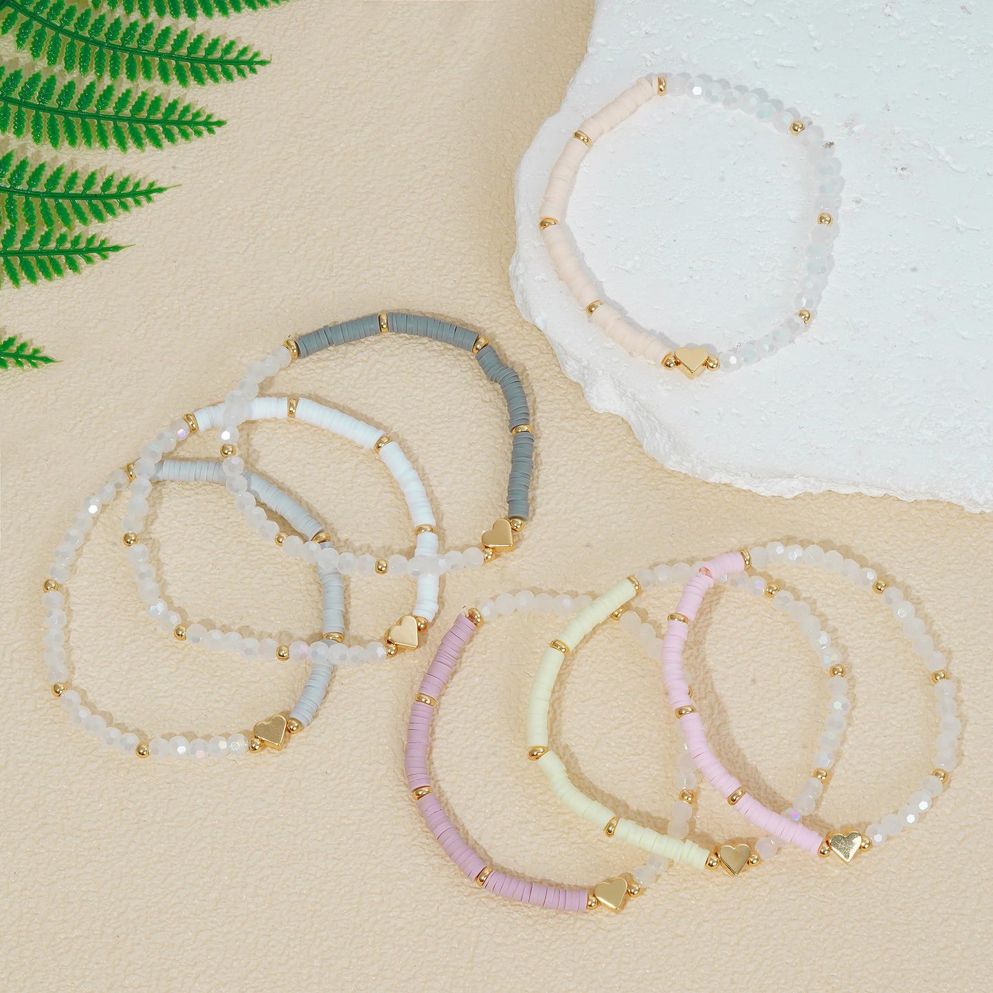 RISHEGAE Heishi Beaded Stretch Bracelets for Women Stackable Gold Polymer Clay Beads Bracelets Friendship Boho Summer Beach Bracelet Jewelry Set (C-Small gray clay 7pcs)