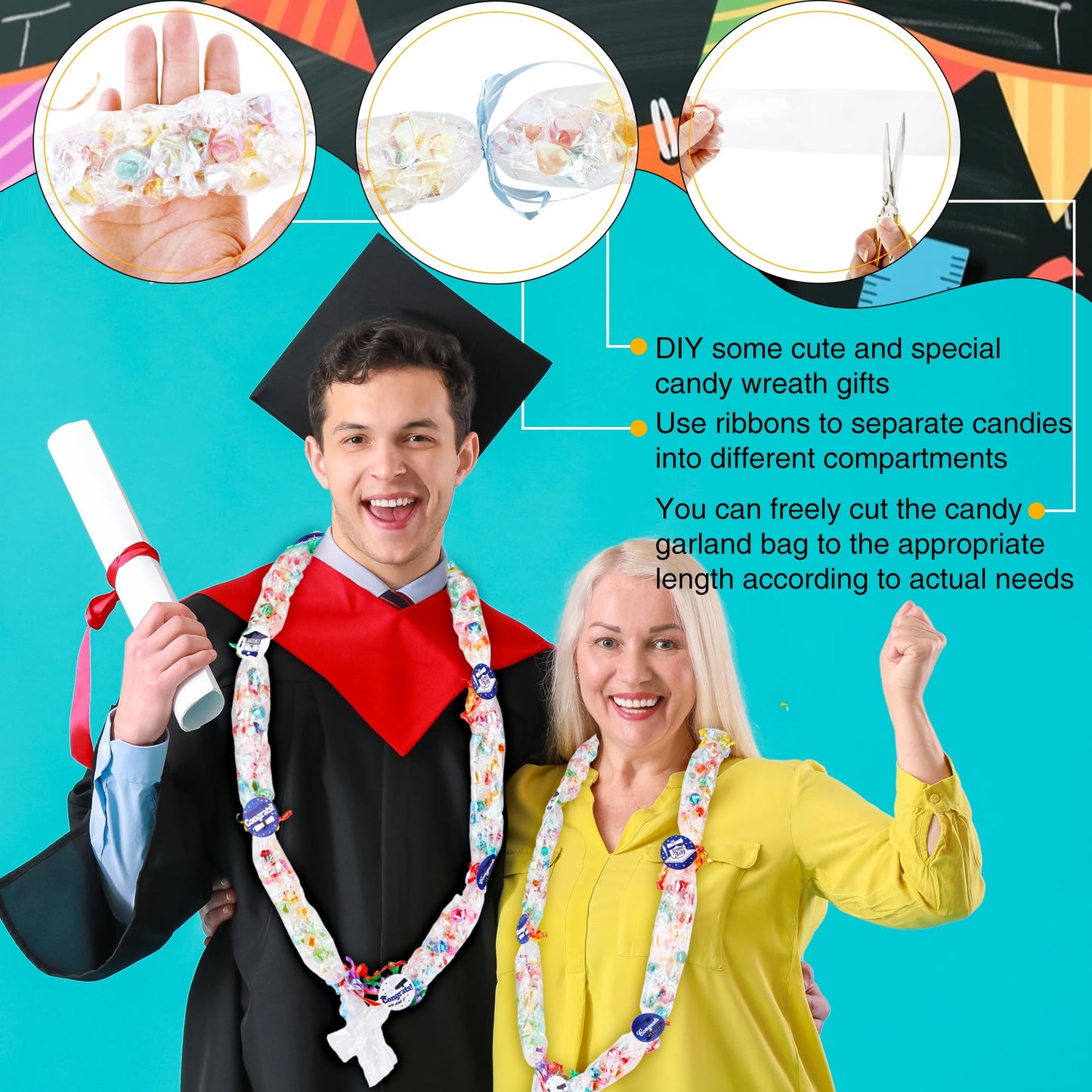 Mikasee 110 Pcs Graduation Candy Lei Making Kit 50 Graduation Candy Lei Tubing Lei Bags with 50 Sheet Stickers 10 Rolls Ribbon for School Graduation Wreaths