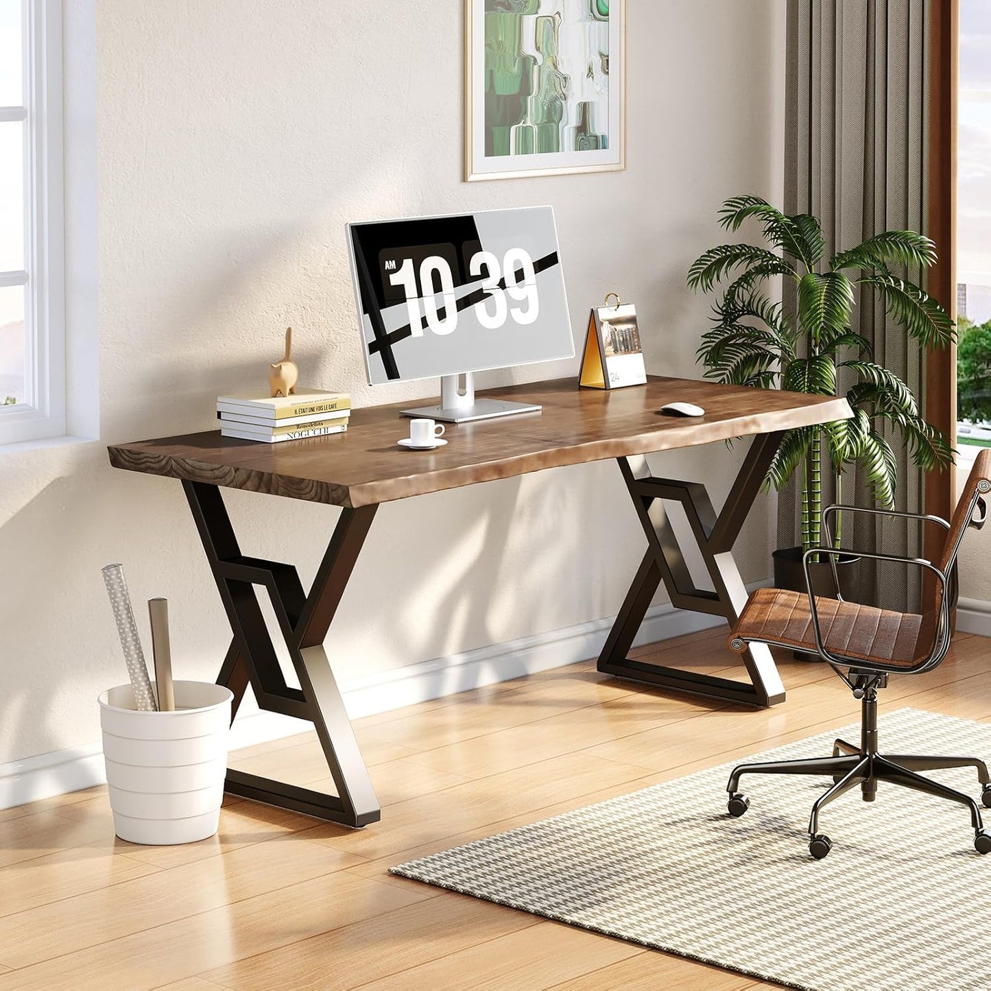 Rustic Brown 55-inch Solid Wood Computer Desk - Modern Gaming Workbench for Home Office, Modern Simple Design, Ideal for Study, Writing, Dining