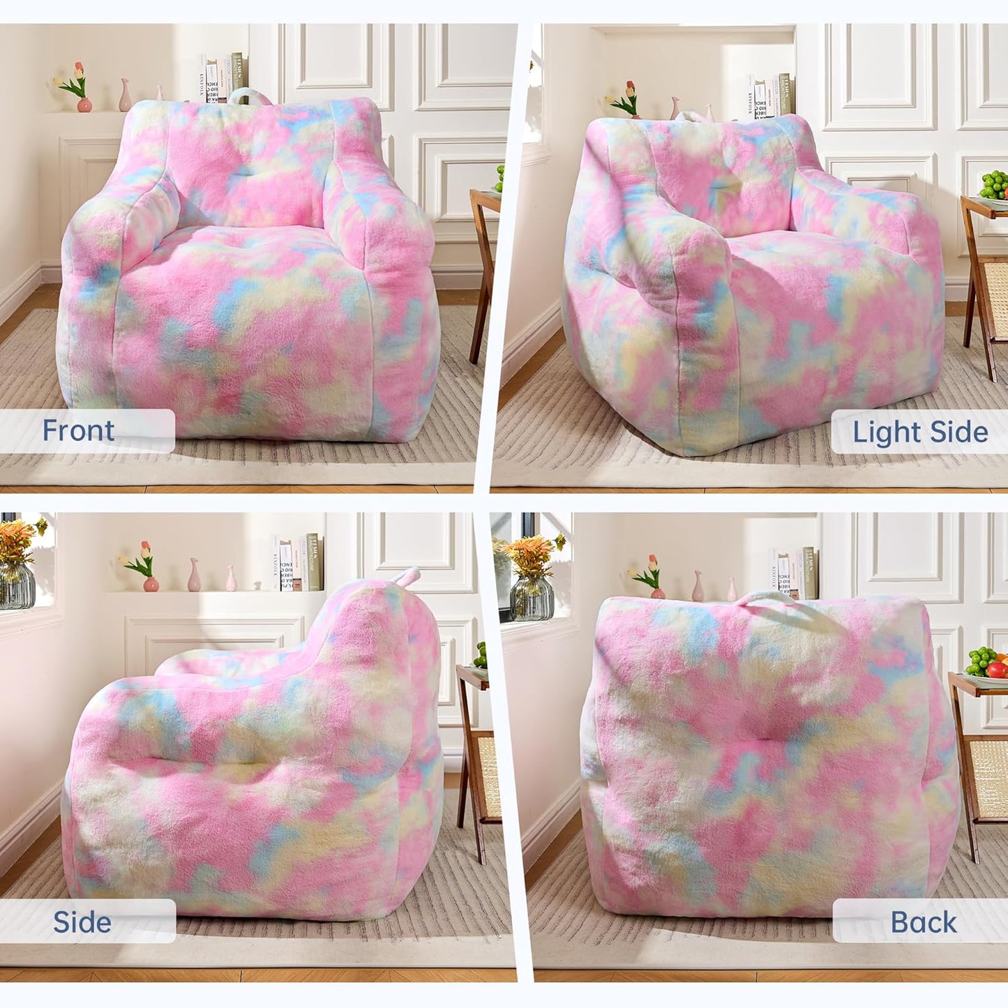 Large Bean Bag Chairs for Adults & Kids, 3FT Memory Foam Bean Bags with Filler, Ultra Soft Faux Fur Fabric - Fluffy Bean Bag Chair for Living Room Bedroom College Dorm (Colorful)