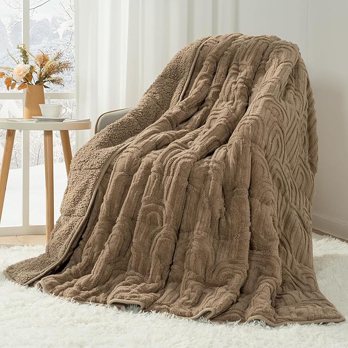 Cottonblue Jacquard Weighted Blanket for Adults 20 lbs Queen Size, Cozy Fluffy Sherpa Fleece Weighted Throw Blankets 60" x 80" for Sleep Relax, Fuzzy Warm Arch Heavy Blanket Soft for Bed Couch, Khaki