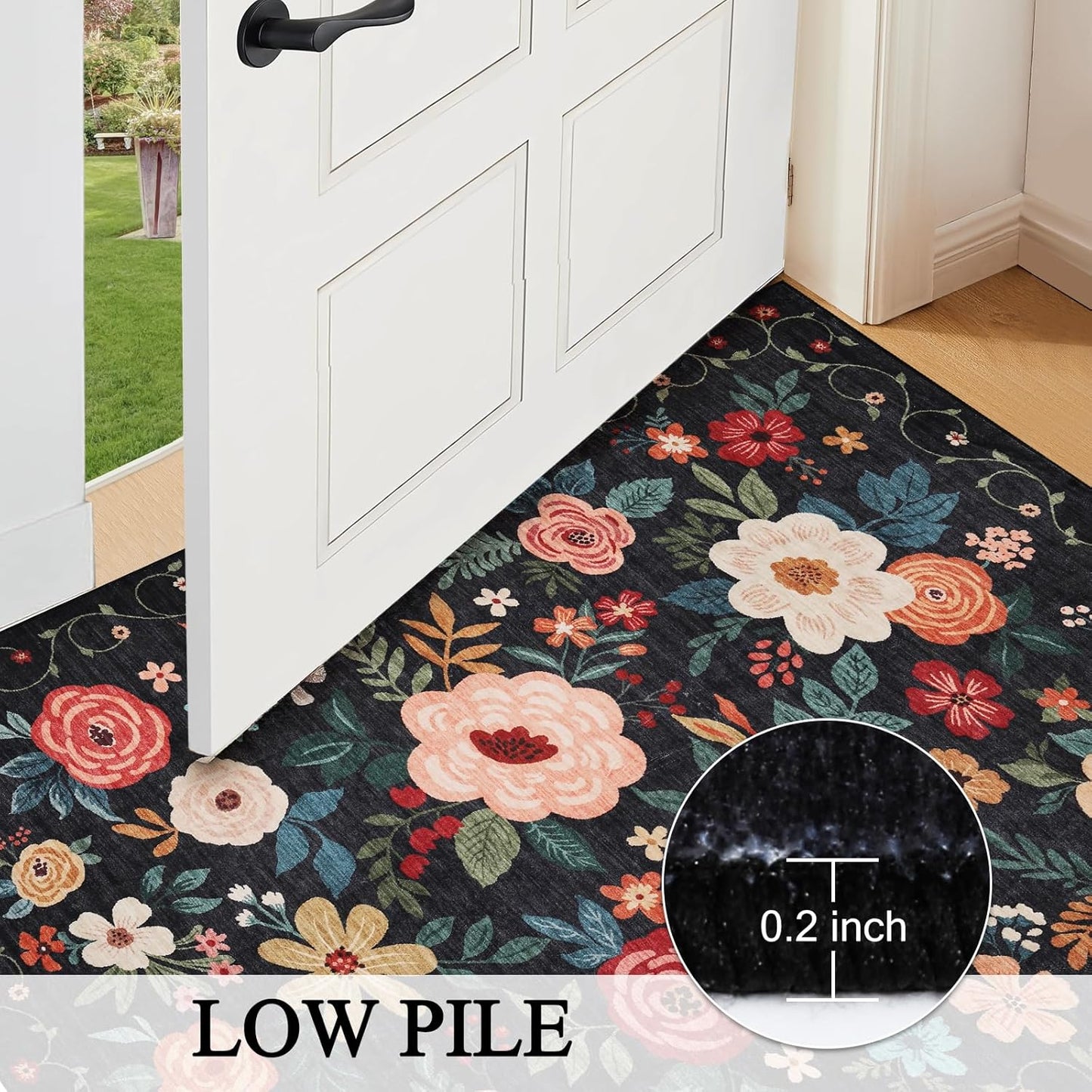 DUKINO Floral Round Rug, 6ft Washable Circle Rug, Non Slip Indoor Low Pile Circle Rug, Soft Small Boho Design Carpet for Bedroom, Entryway, Living Room, Dining Room, Black