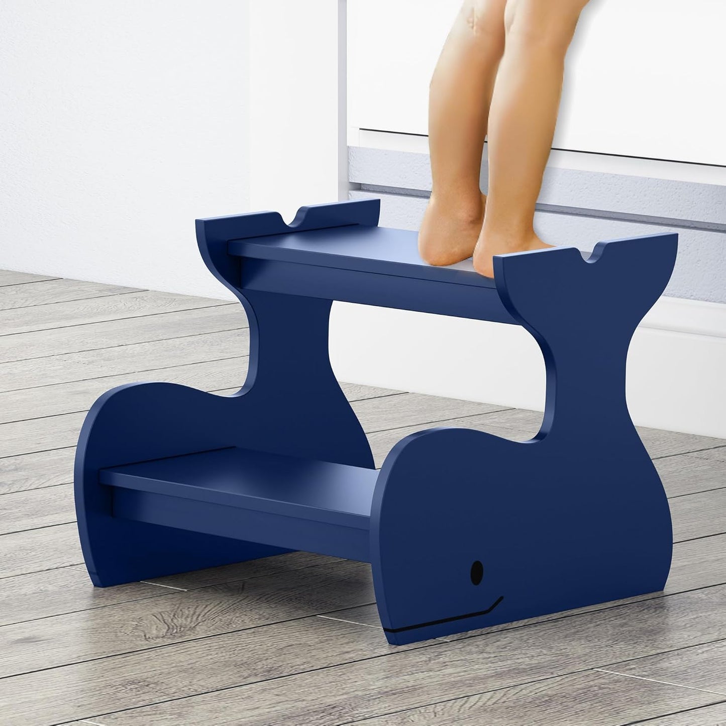 Wood Step Stools for Kids, Child Two Step Stool of Whale Shape, Toddler Step Stools Potty Training Stool, Easy to Move Safety for Kitchen, Bathroom, Bedroom, Toilet