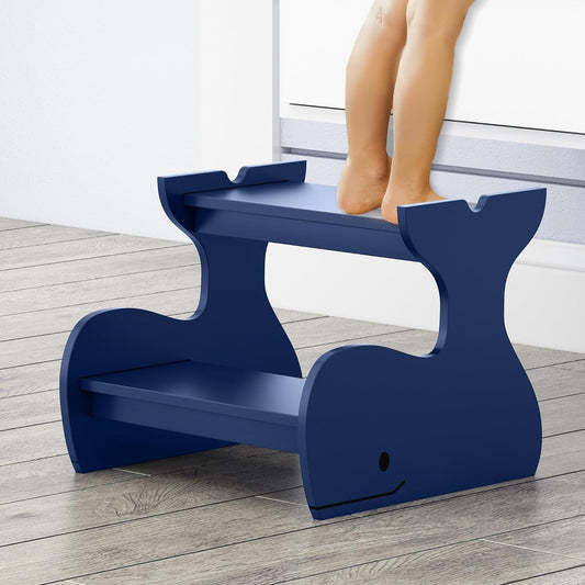 Wood Step Stools for Kids, Child Two Step Stool of Whale Shape, Toddler Step Stools Potty Training Stool, Easy to Move Safety for Kitchen, Bathroom, Bedroom, Toilet