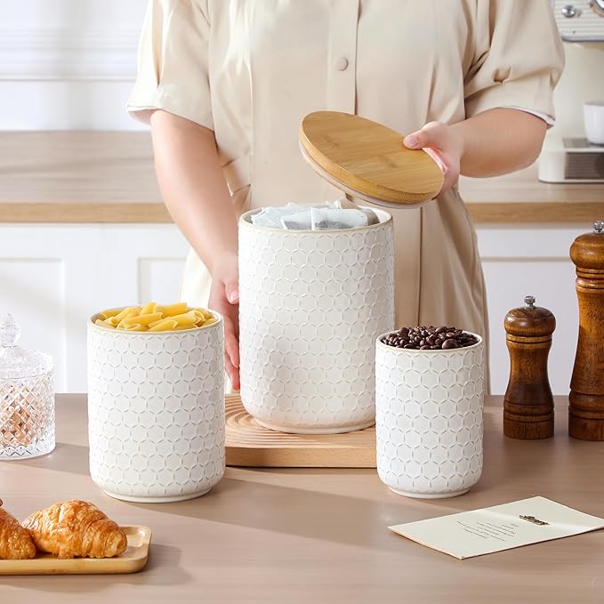 MALACASA Ceramic Canisters Set with Airtight Lids, 80/40/20 oz Coffee Canisters Sets for the Kitchen, Large Jars for Flour, Sugar, Pasta, Coffee, Cookies, Tea - Set of 3, Hexagon