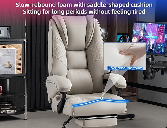 Big and Tall Office Chair 400lbs Heavy Duty Gaming Chair with Foot Rest & Lumbar Support, Ergonomic Wide Comfy Seated Cushion for for Gaming Room,Office Room, Beige