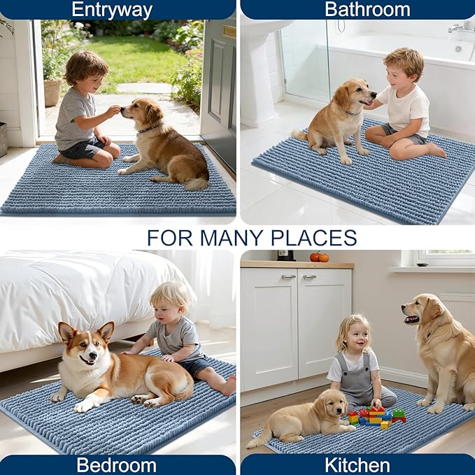 OLANLY Dog Door Mat for Muddy Paws 30x20, Ultra Absorbent Chenille Mud Doormat, Non-Slip Washable and Dirt Trapping Doormat for Indoor Entryway, Quick-Dry Indoor Pet Bed Mats for Dogs, Airy Blue