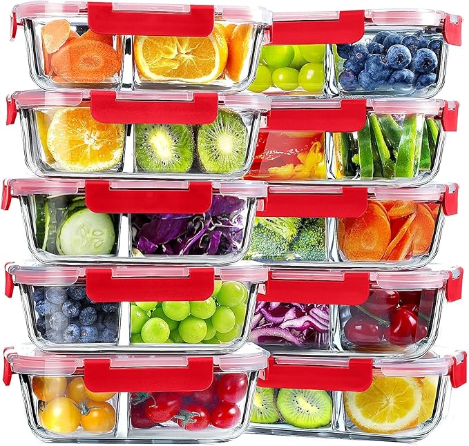 VERONES 10 Pack Glass Meal Prep Containers 2 Compartment Set, 30 OZ Airtight Glass Lunch Containers, Food Storage Containers with Lids, for Microwave, Oven, Freezer & Dishwasher Friendly，Red