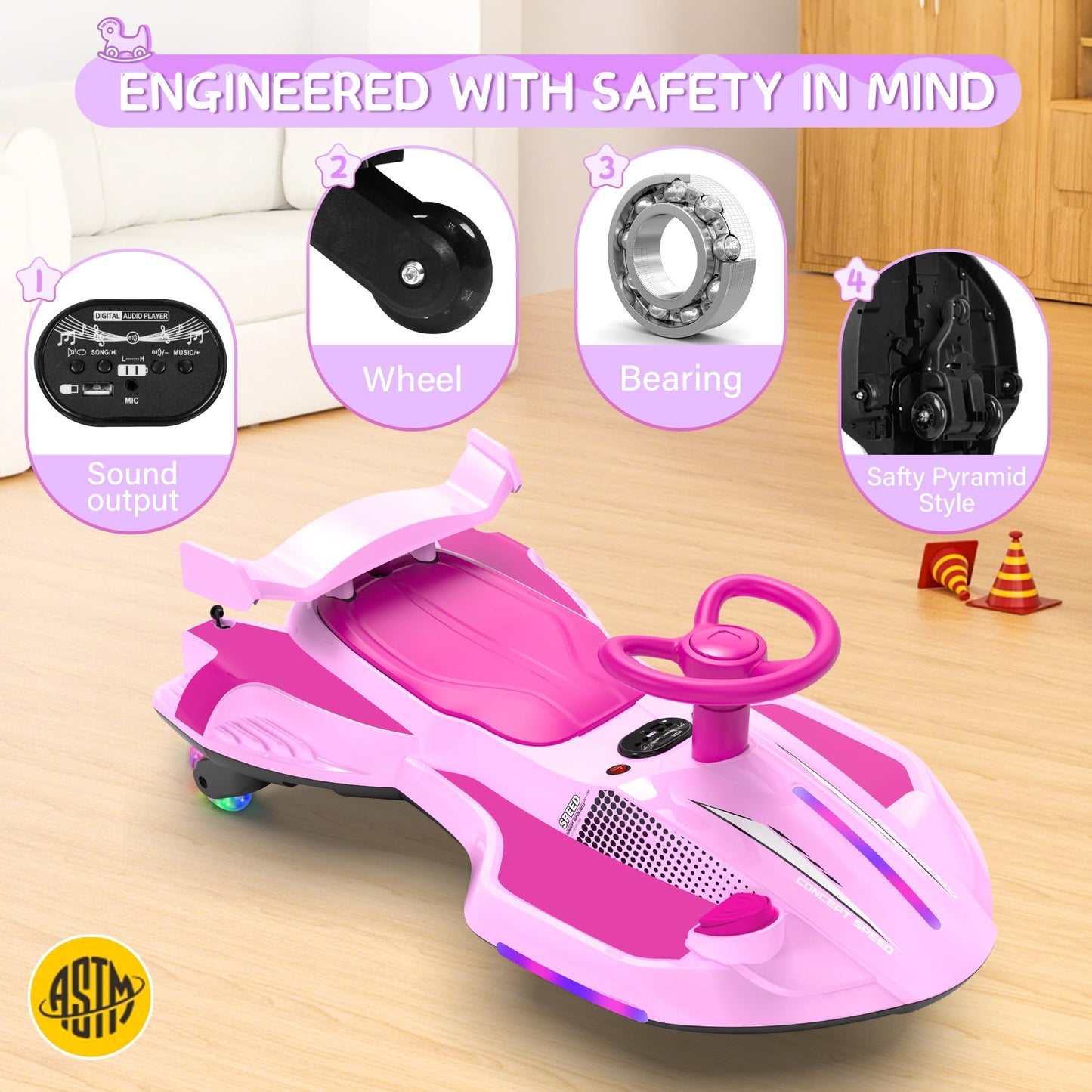 12V Electric Wiggle Car with Pedal for Kids, Rechargeable 2 in 1 Swing Car, Drifting Ride On Toys with Backrest, Anti-Rollover, Spray, Flashing Light, Music, for Ages 3 and Up (Pink)