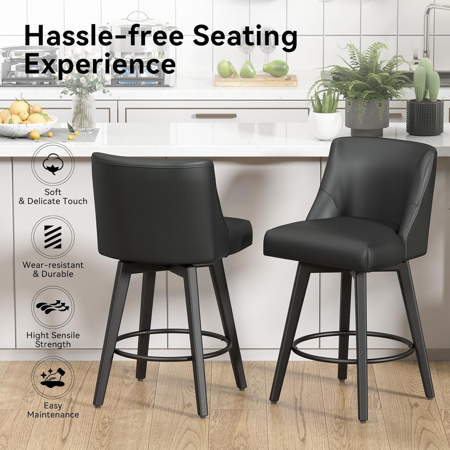 Counter Height Swivel Bar Stools Set of 2, 26 Inch Bar Stools with Footrest, Faux Leather Upholstered Barstools with Back and Solid Wood Legs for Kitchen Island, Dining Room,Pub,Black
