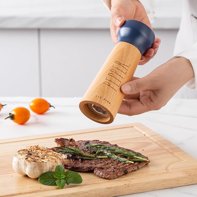 Rae Dunn Salt and Pepper Grinder Set of 2 - Bamboo Sea Salt Pepper Grinder - Classy Salt and Pepper Shakers - Pepper Mill & Salt Mill, Blue