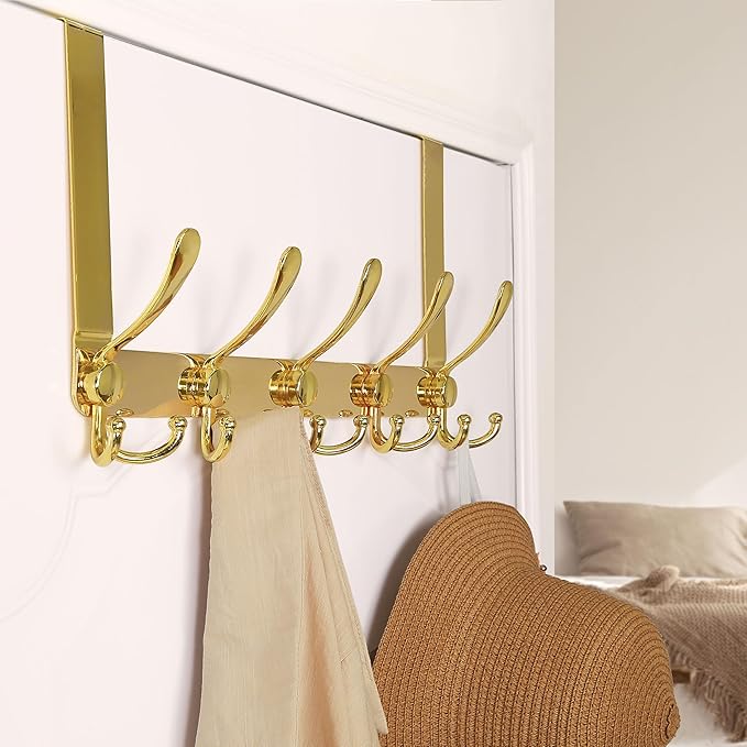 Dseap Over The Door Hook Hanger - 5 Tri Hooks, Heavy Duty Over The Door Towel Rack Coat Rack for Clothes Hat Towel, Gold, 2 Packs