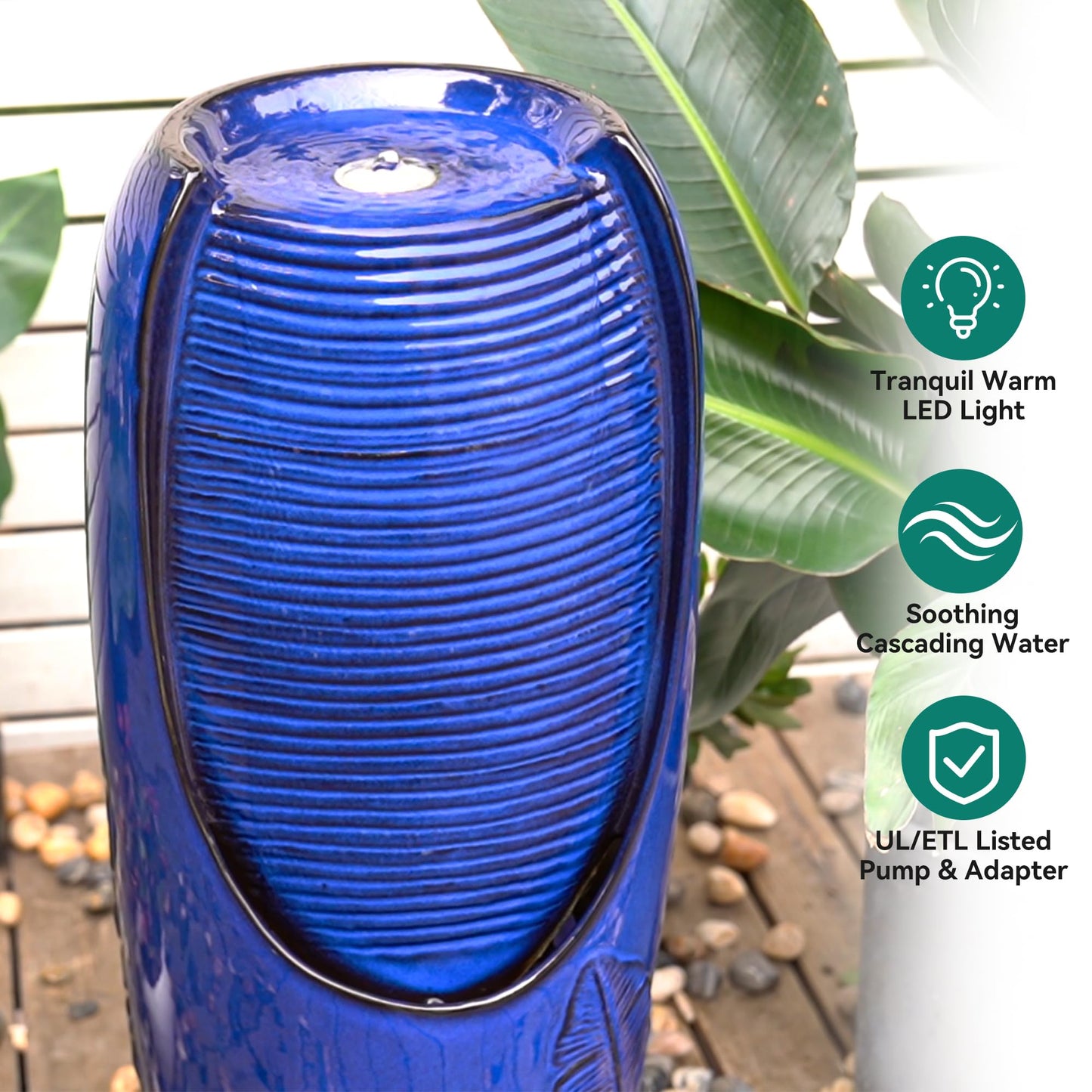 Autodaya 33" Tall Outdoor Garden Fountain with LED Lights, Modern Ceramic Jar Water Fountain, 3D Tropical Leaf Pattern, Cobalt Blue Glaze, Soothing Cascading Waterfall for Relaxing Patio, Yard, Porch
