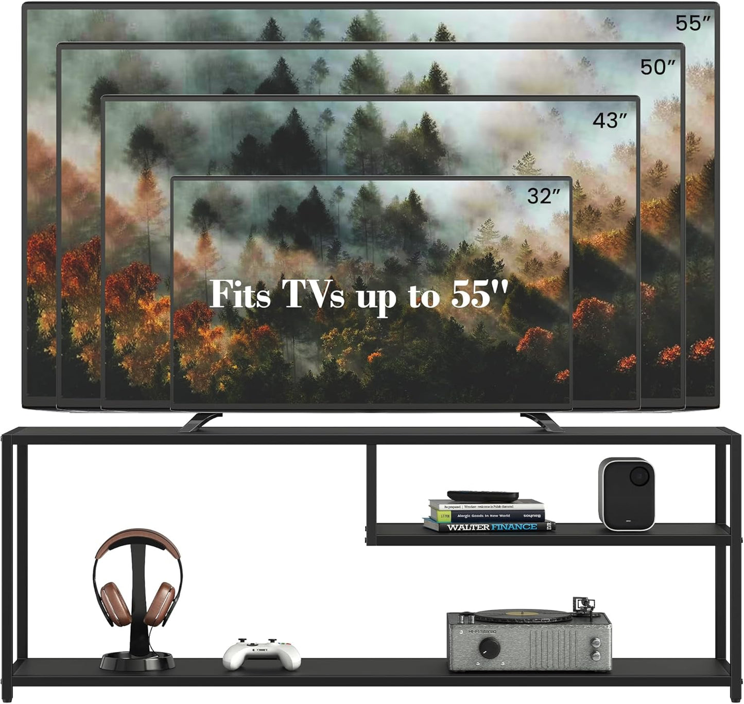 TECHMILLY Modern TV Stand for 55" TV, TV Table with Storage Shelves, Entertainment Center with Metal Frame, TV Console Table for Living Room, Bedroom, Black