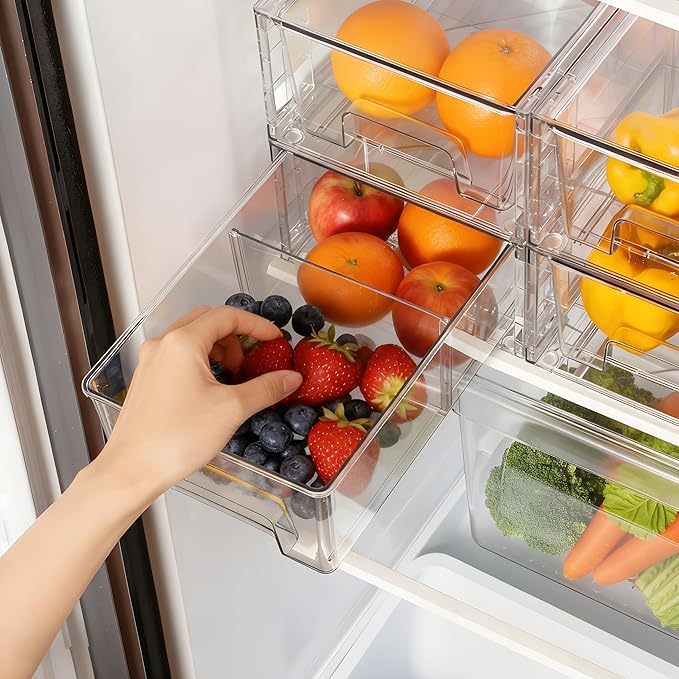 4 Pack Stackable Storage Drawers,Plastic Organizers Bins, Drawers Storage with Handles and Movable Dividers for Organization and Storage in Fridge,Dressers, Pantry, Kitchen Cabinets, Under Sink