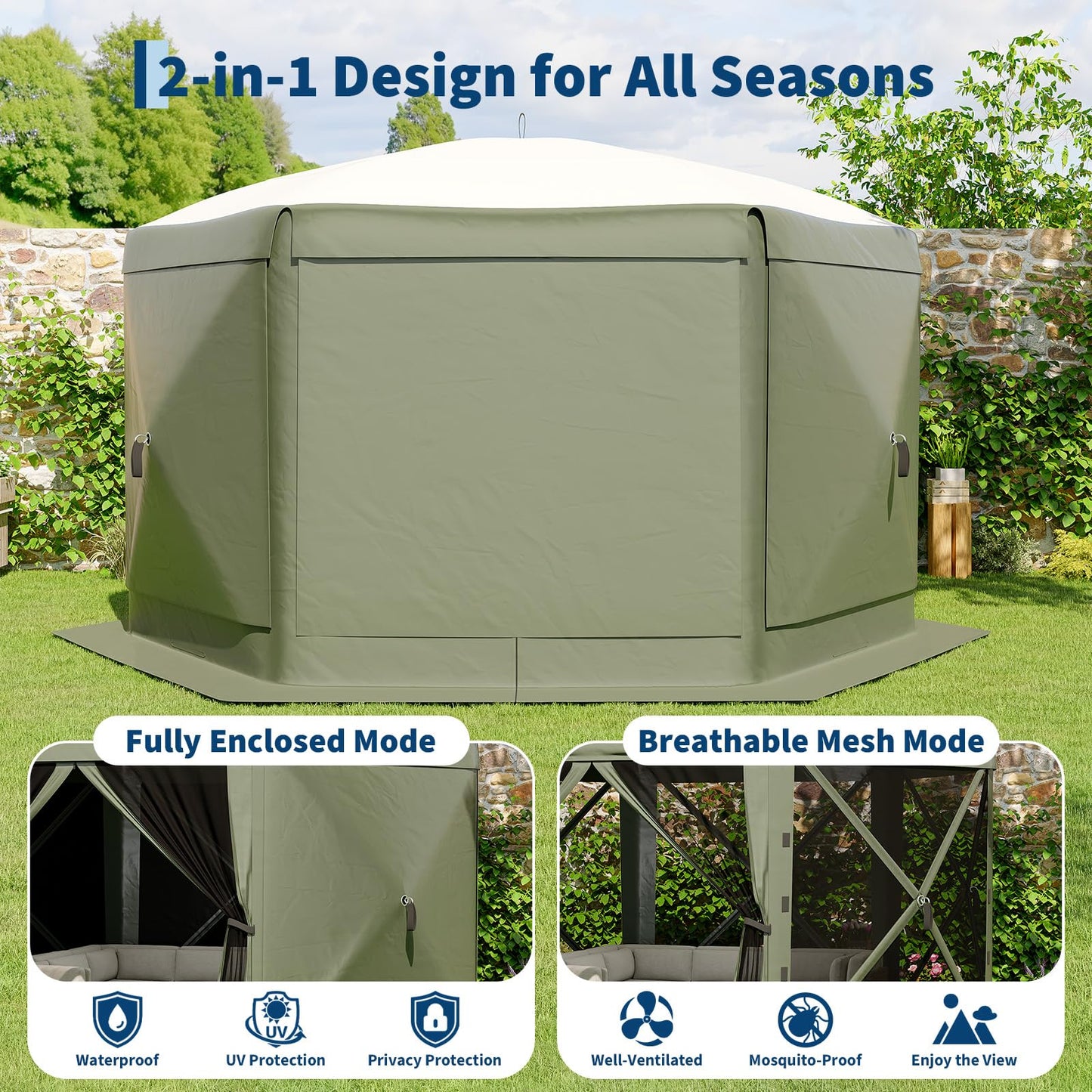 GarveeLife 13x13FT 6-Sided Pop Up Gazebo Tent，One-Push Setup Canopy Tent with Removable Canopy Top & Wind Cloths, Outdoor shelter for Camping, Backyard Parties, Outdoor Events - Army Green