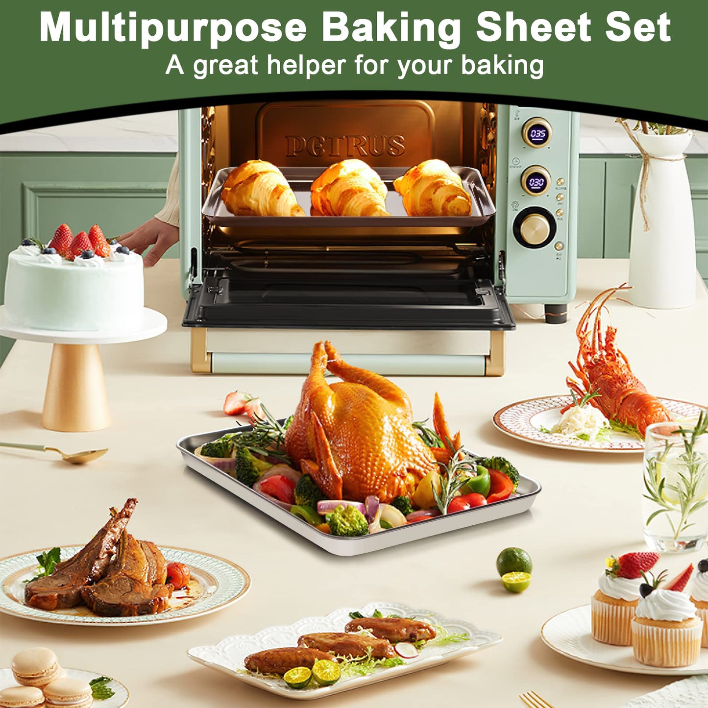 Baking Sheet Tray Cooling Rack with Silicone Baking Mat Set, Stainless Steel Cookie Pan For Oven, Set of 9 (3 Sheets + 3 Racks + 3 Mats), Warp Resistant & Heavy Duty & Easy Clean, Red