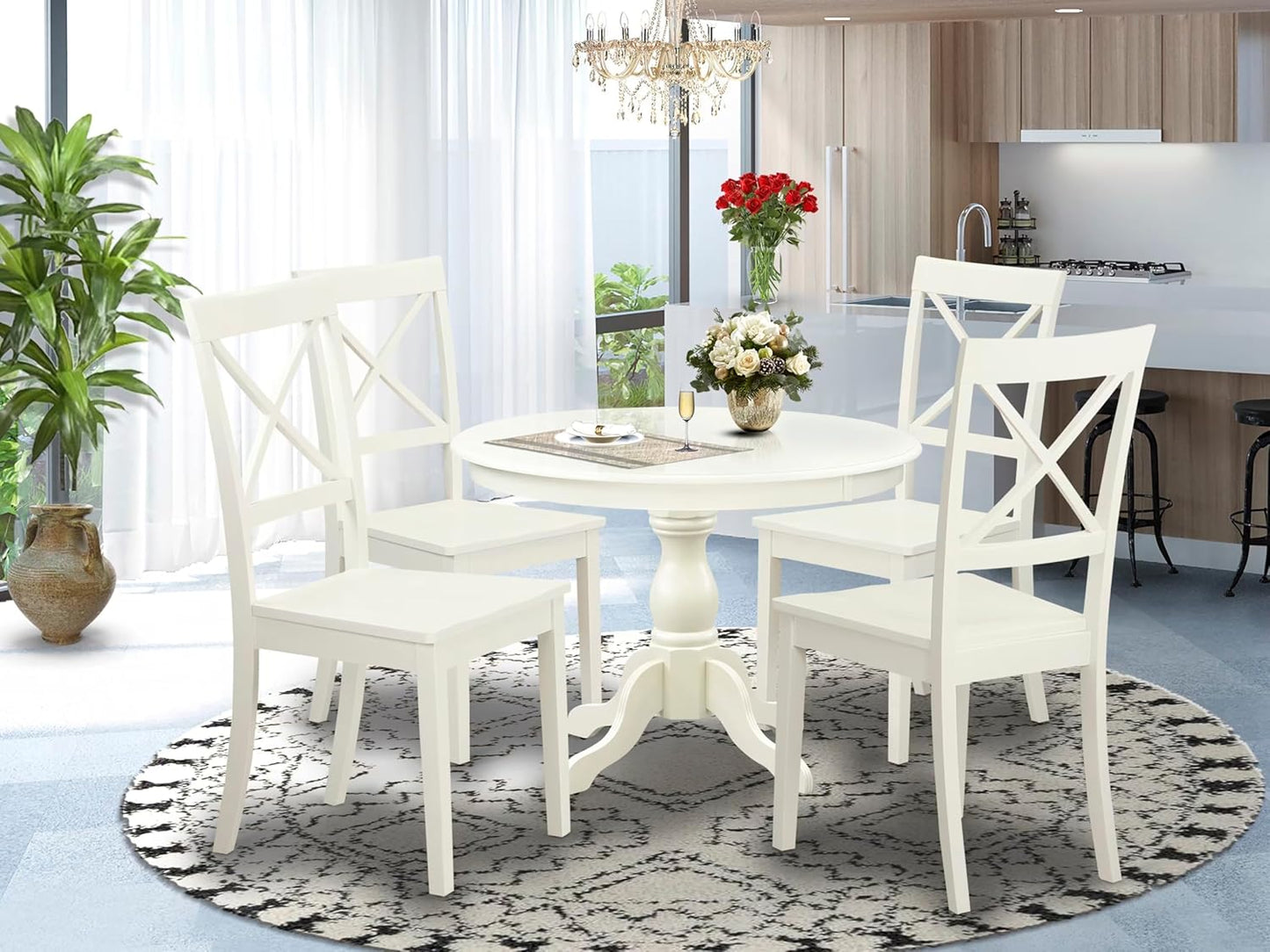 East West Furniture HBBO5-LWH-W 5 Piece Dining Room Furniture Set Includes a Round Kitchen Table with Pedestal and 4 Dining Chairs, 42x42 Inch, Linen White
