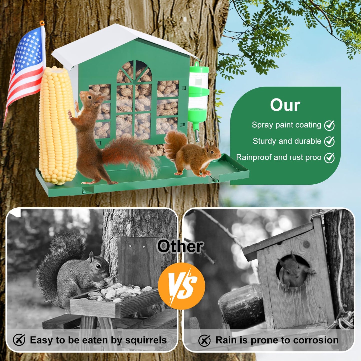 Squirrel Feeder,Metal Squirrel Feeder for Outside,with Water Bottle, Flag and Corn Cobs Holder,Outdoors Chipmunk &Squirrel Picnic Bench Feeders Table,Easy to Install & Refill