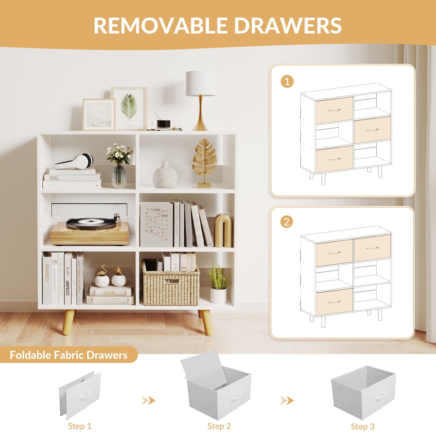 ELYUP Bookcase with Fabric Storage Bins - 6 Cube Organizer Display Bookshelf for Home Office, White