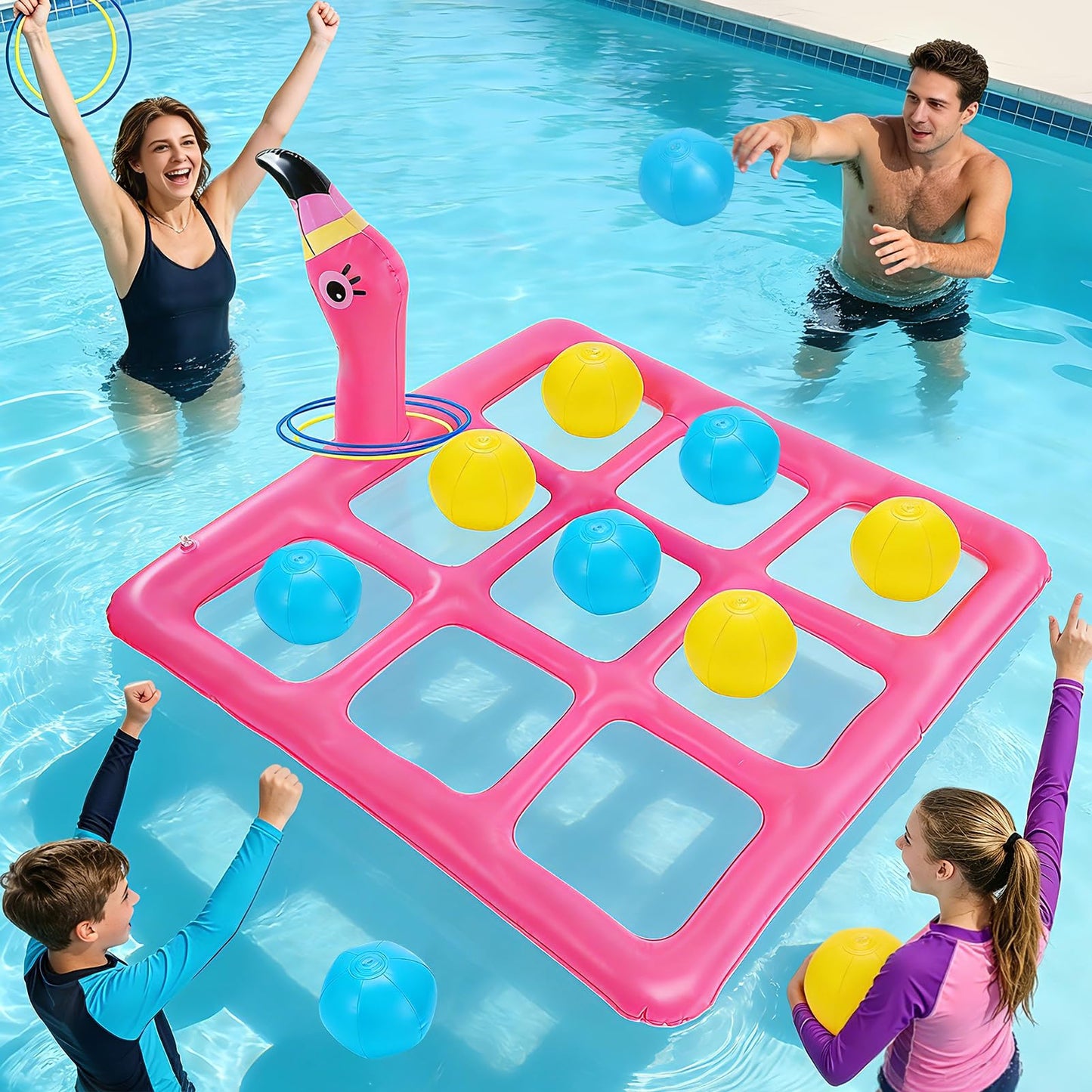 2 in 1 Flamingo Pool Games Toys Set - Inflatable Tic-Tac-Toe & Ring Toss for Family, Adults, Teens, Kids, Outdoor Summer Swimming Pools Party Water Game with 10 Balls & 6 Rings for 2-10 Players