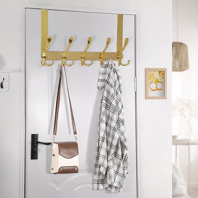Dseap Over The Door Hook Hanger - 5 Tri Hooks, Heavy Duty Over The Door Towel Rack Coat Rack for Clothes Hat Towel,Gold