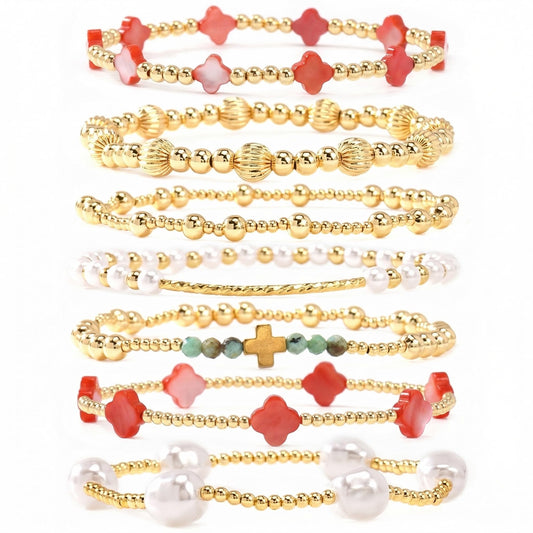 SHINUS BOHO 14K Gold Beaded Red Clover Stackable Bracelets for Women,7PCS/Set Boho Cross Pearl Beads Stretch Bracelets Stack Fashion Holiday Birthday Prom Jewelry Accessories Gift Friendship Sister