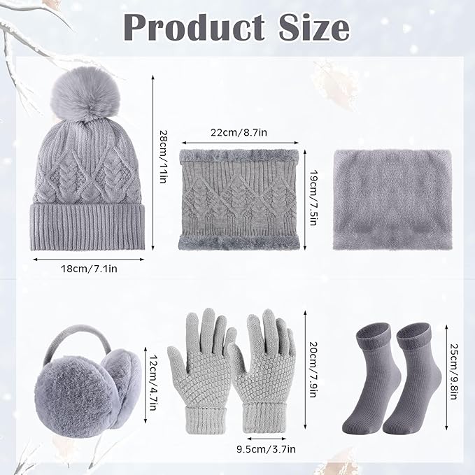 SATINIOR 5 Pcs Winter Hat Scarf Gloves Set Fleece Lined Knit Beanie Hat Warm Touch Screen Gloves Earmuff Warmer for Women(Grey,Chic Style)