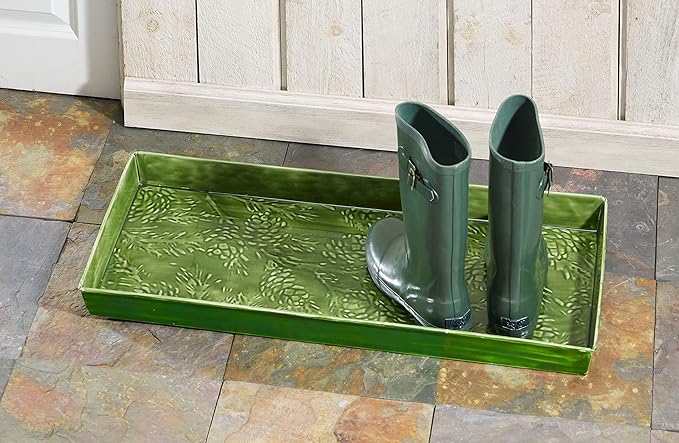 HF by LT Pine Branch Pattern Enamel Boot Tray, 30 x 13 inches, Forest Green