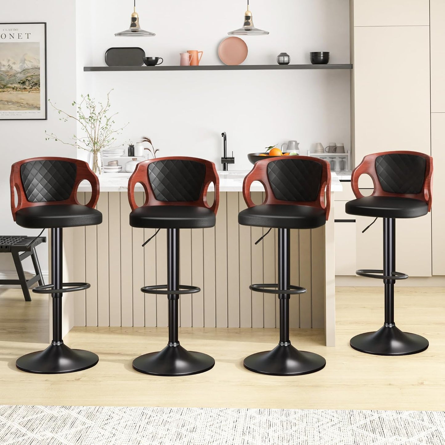 VECELO Bar Stools Set of 2,Adjustable Counter Height Stools with Bentwood Back,Armrest&Footrest,Swivel PU Leather Bar Chairs for Kitchen Island,Coffee Shop and Salon,Black,Quilted Elegance