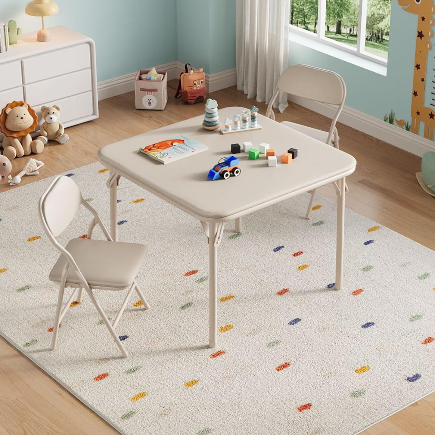 IDEALHOUSE 3 Piece Folding Kids Table and Chairs Set, Children Activity Table and Chairs Set for Dining Room,Daycare,Classrooms