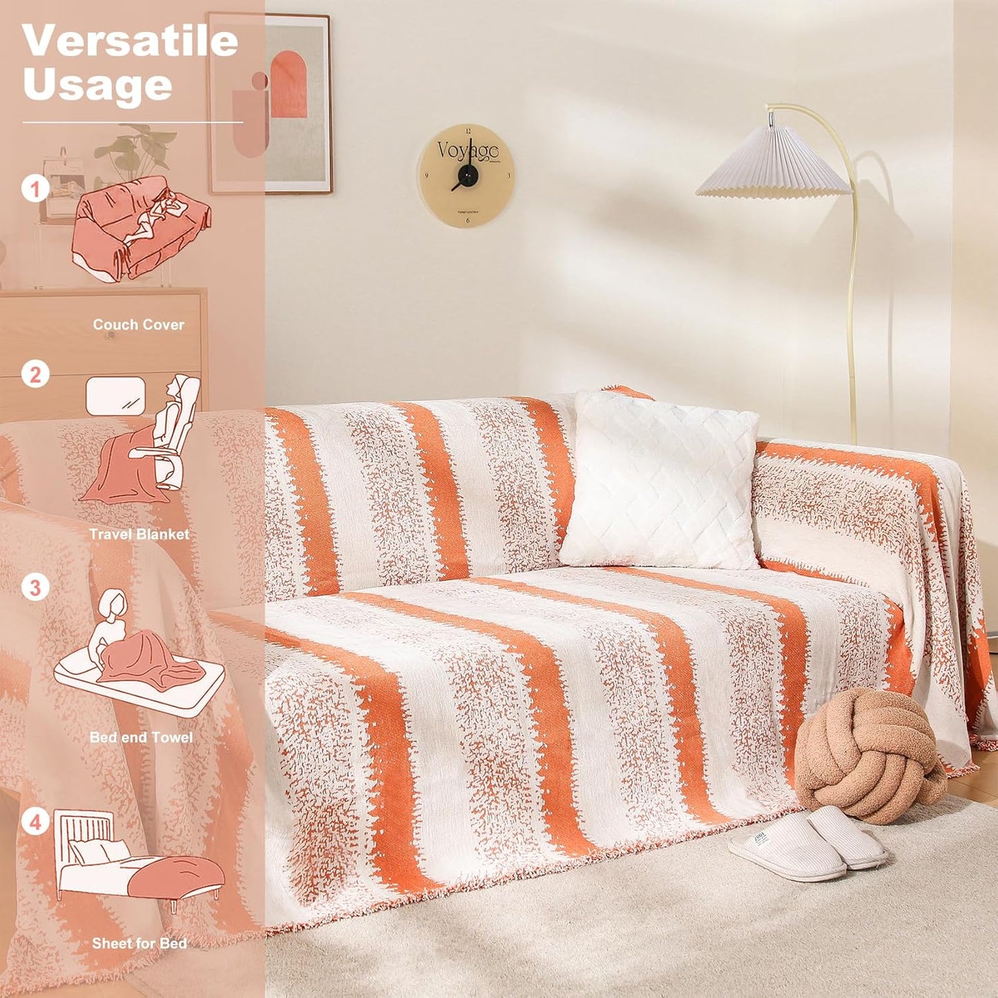Boho Couch Cover, Sofa Cover, Sofa Covers for 2 Cushion Couch, Washable Sectional Couch Covers for Dogs Pet Furniture Protector Couch Cover Blanket for Living Room (1# Orange, 71" x 102")