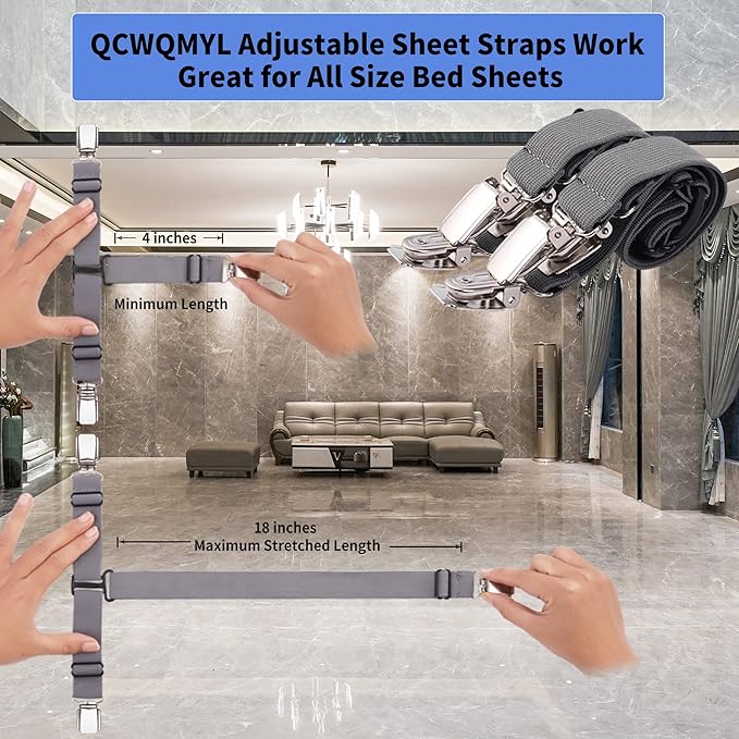 Fitted Sheet Straps 4 PCS Sturdy Bed Sheet Clips Keeping Sheets in Place Sheet Suspenders Fitted Sheet Clips Grey