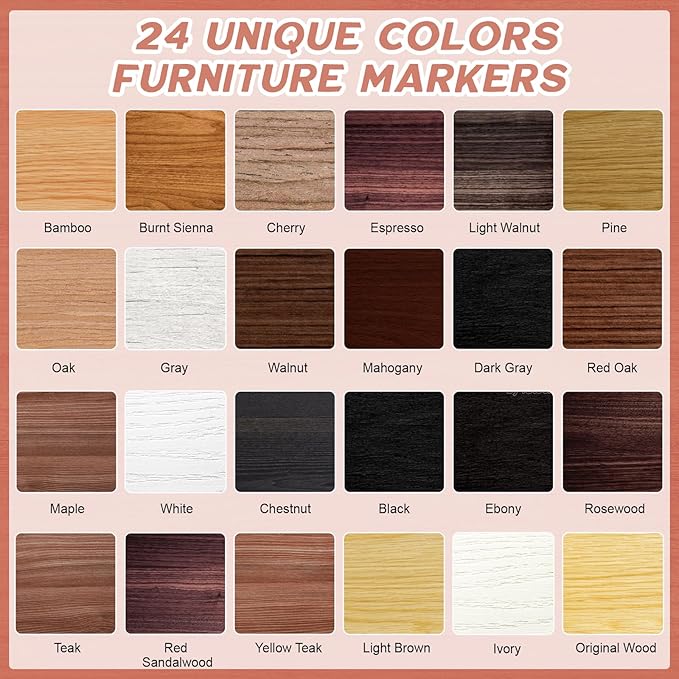 DEWEL Furniture Markers Touch Up, 24 Colors Wood Markers Furniture Repair with Polish Wax, Upgrade Furniture Repair Kit, Repair Pens for Scratches, Floor, Table, Cabinet, Bedpost