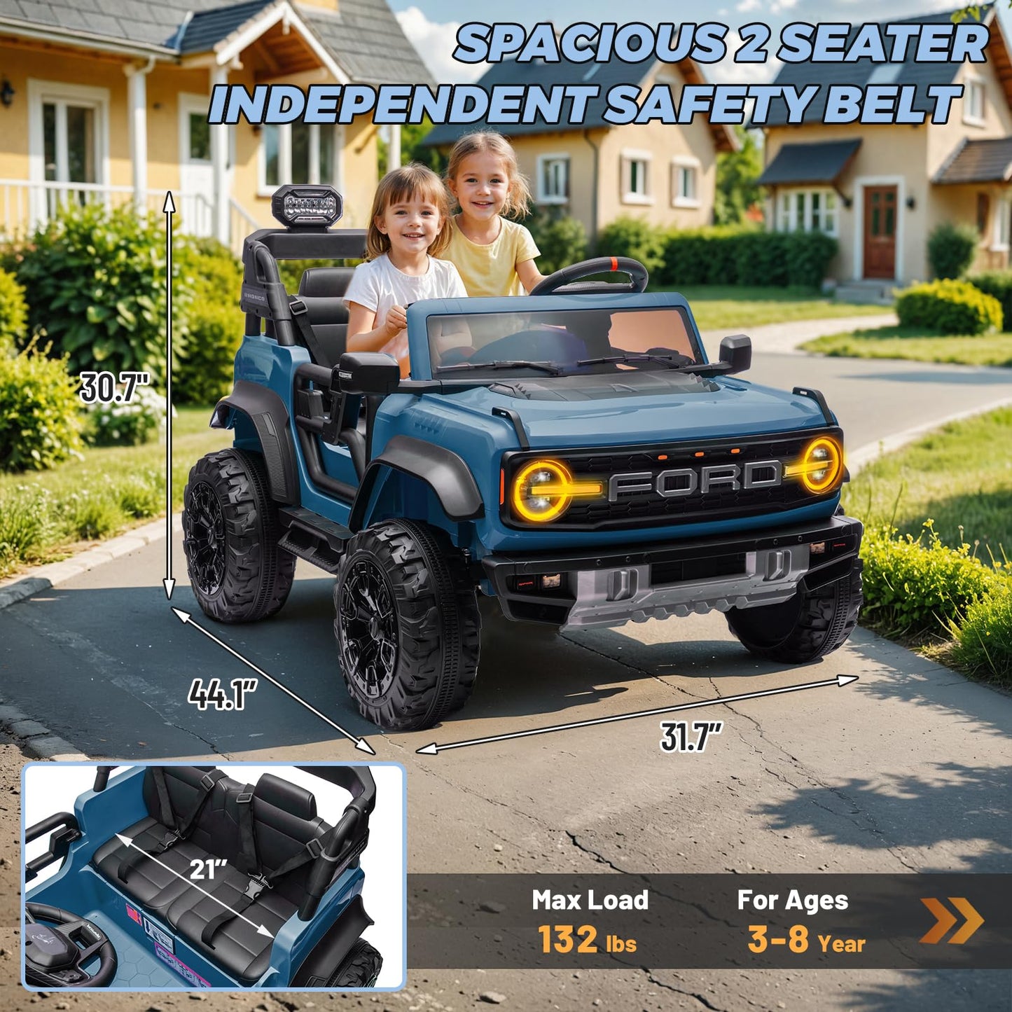 ENYOPRO 2 Seater Ride On Car for Kids, 24V Licensed Ford Bronco Raptor Electric Power Ride On Truck Toy with Remote Control, 4 Wheels Shock Absorption, Soft Start, Bluetooth, Radio, 3 Speed - Blue